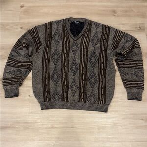 Tosani V-Neck Sweater in Brown and Gray striped pattern.